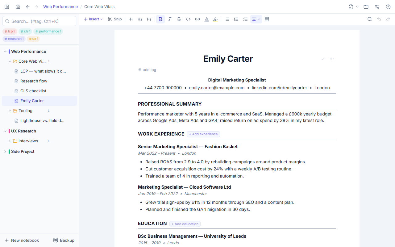 An ATS-friendly CV in A4 view in WebPad Studio