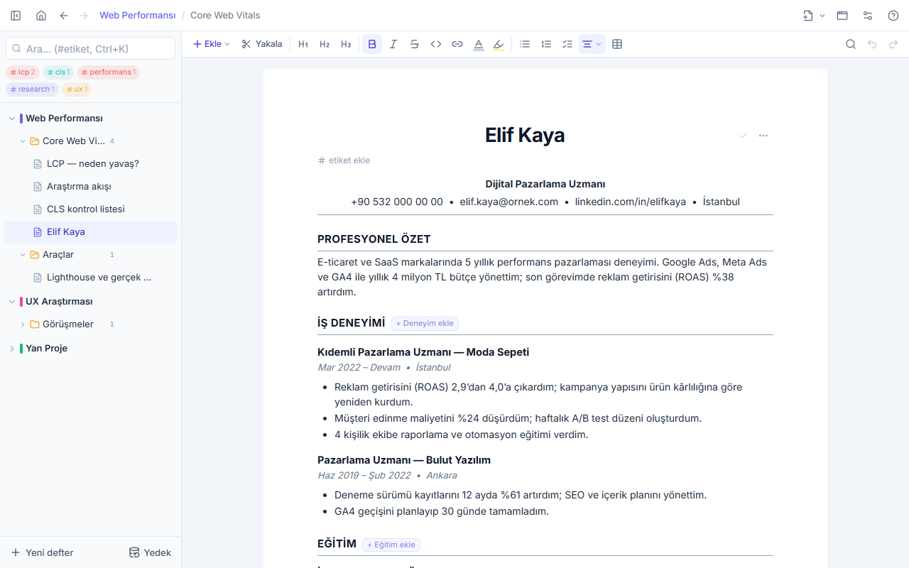 WebPad Studio’da A4 görünümünde ATS uyumlu CV